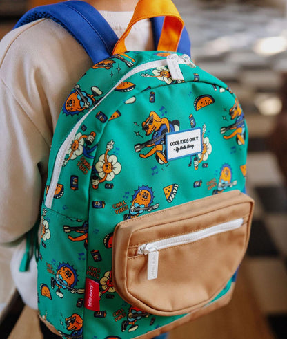 Mochila para criança verde com estampado de animais e bolso bege, Hello Hossy