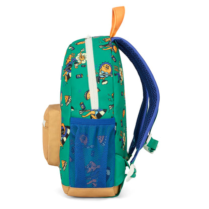Mochila infantil verde com padrão de animais e bolso em rede Hello Hossy
