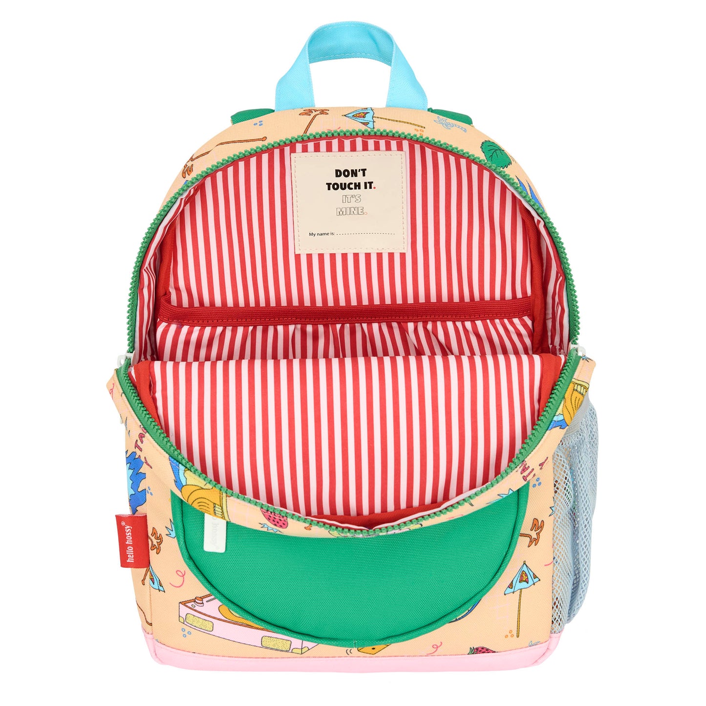 Mochila infantil bege e verde com estampado food, bolso frontal Hello Hossy