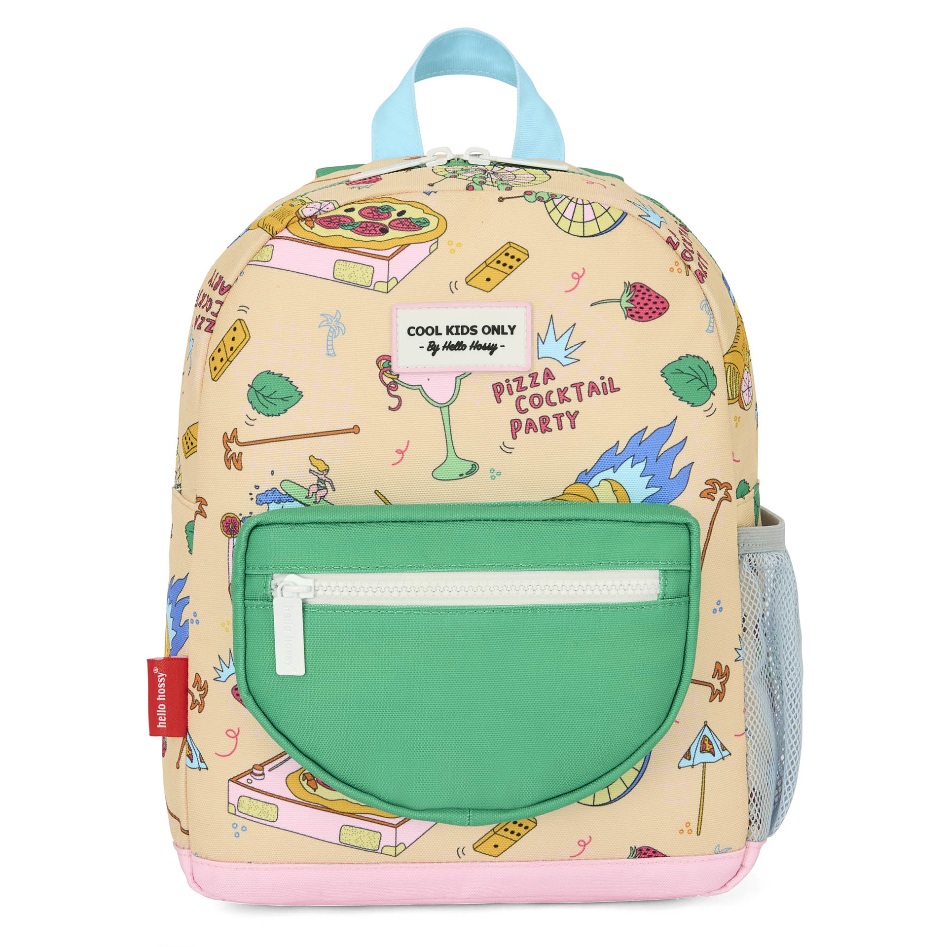 Mochila bege para criança, padrão de comida, bolso verde, Hello Hossy