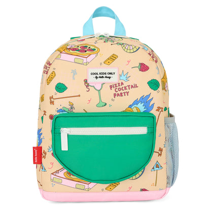 Mochila bege para criança, padrão de comida, bolso verde, Hello Hossy