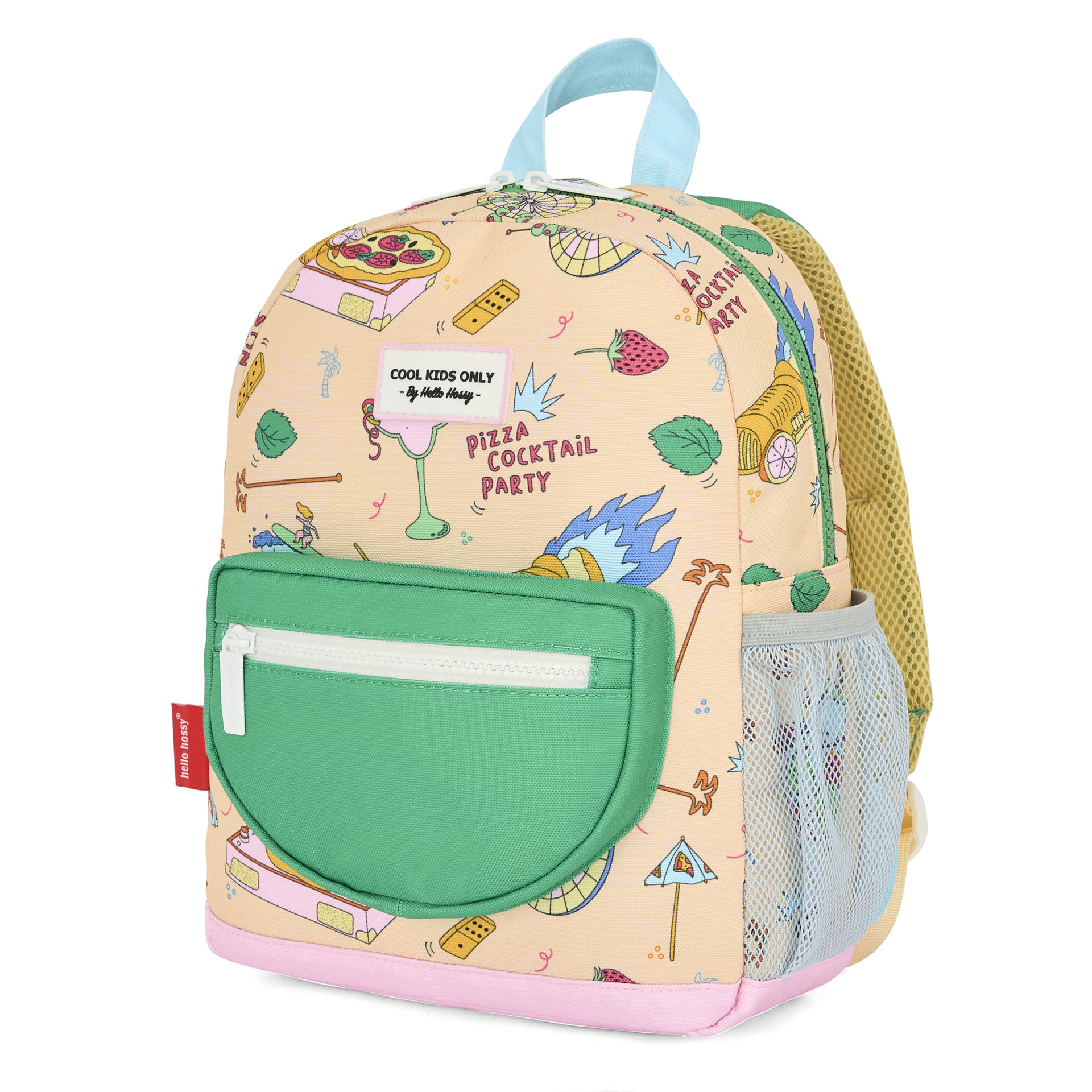 Mochila bege e verde para criança, padrão de comida, Hello Hossy