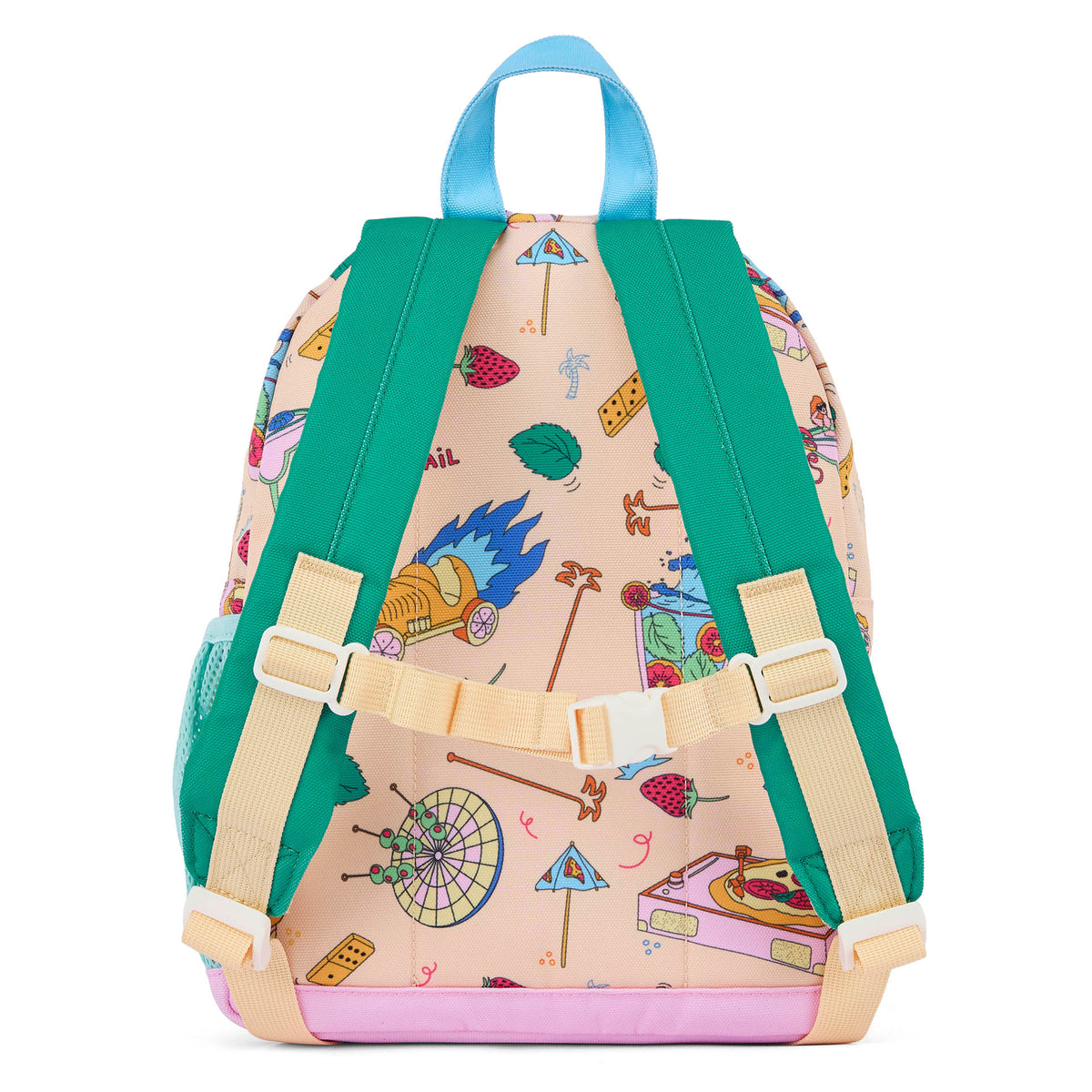 Mochila infantil bege e verde com padrões food, alças acolchoadas Hello Hossy
