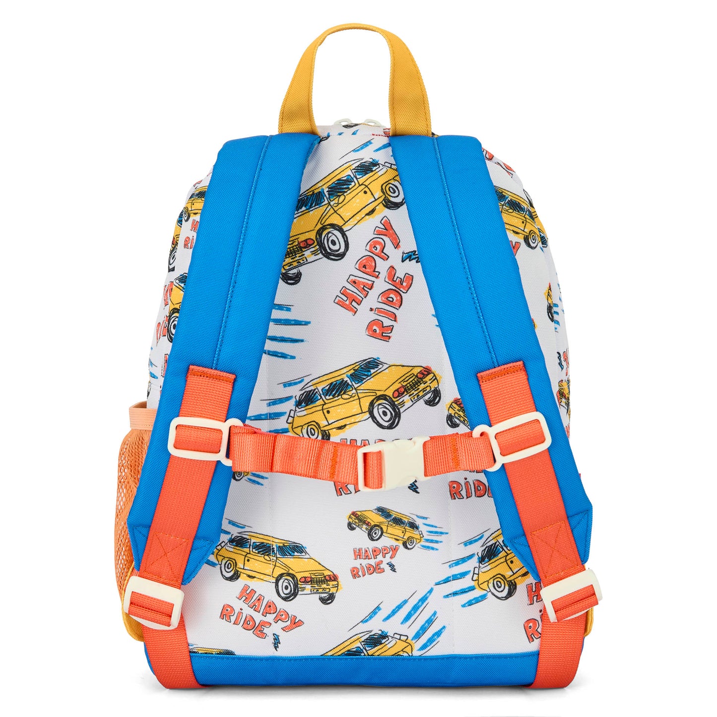 Mochila infantil branca com padrão de carros e alças azuis Hello Hossy