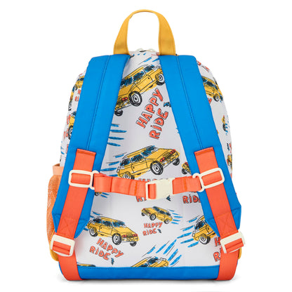 Mochila infantil branca com padrão de carros e alças azuis Hello Hossy