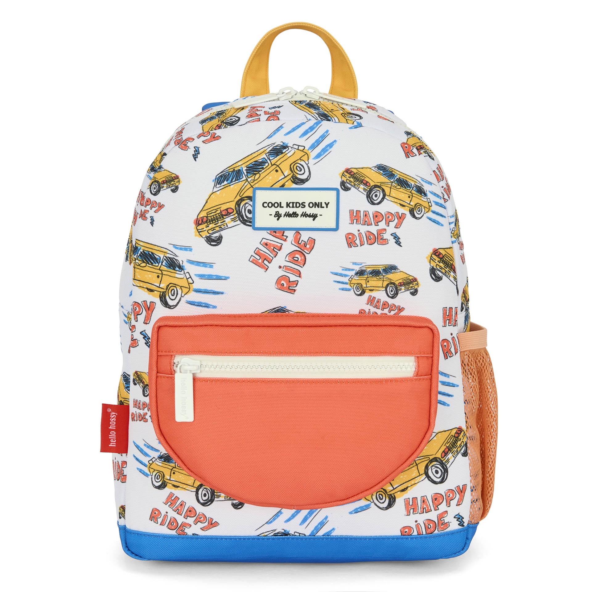Mochila infantil branca laranja com motivo de carros Hello Hossy