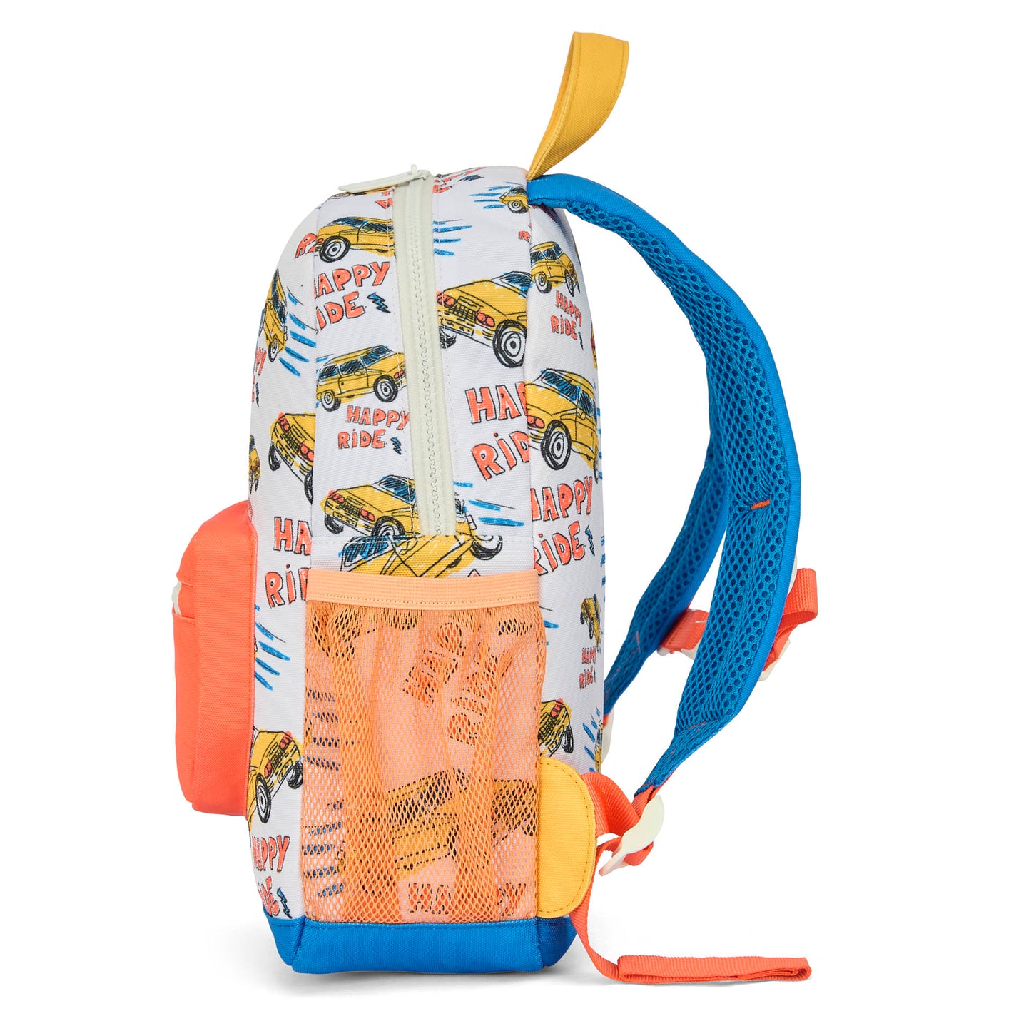 Mochila infantil branca e laranja com padrão de carro e rede lateral Hello Hossy