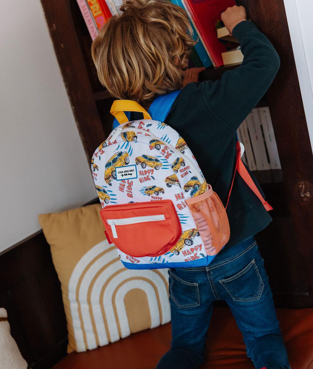 Mochila infantil branca laranja com motivo de carros Hello Hossy