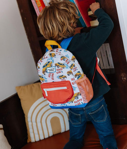 Mochila infantil branca laranja com motivo de carros Hello Hossy
