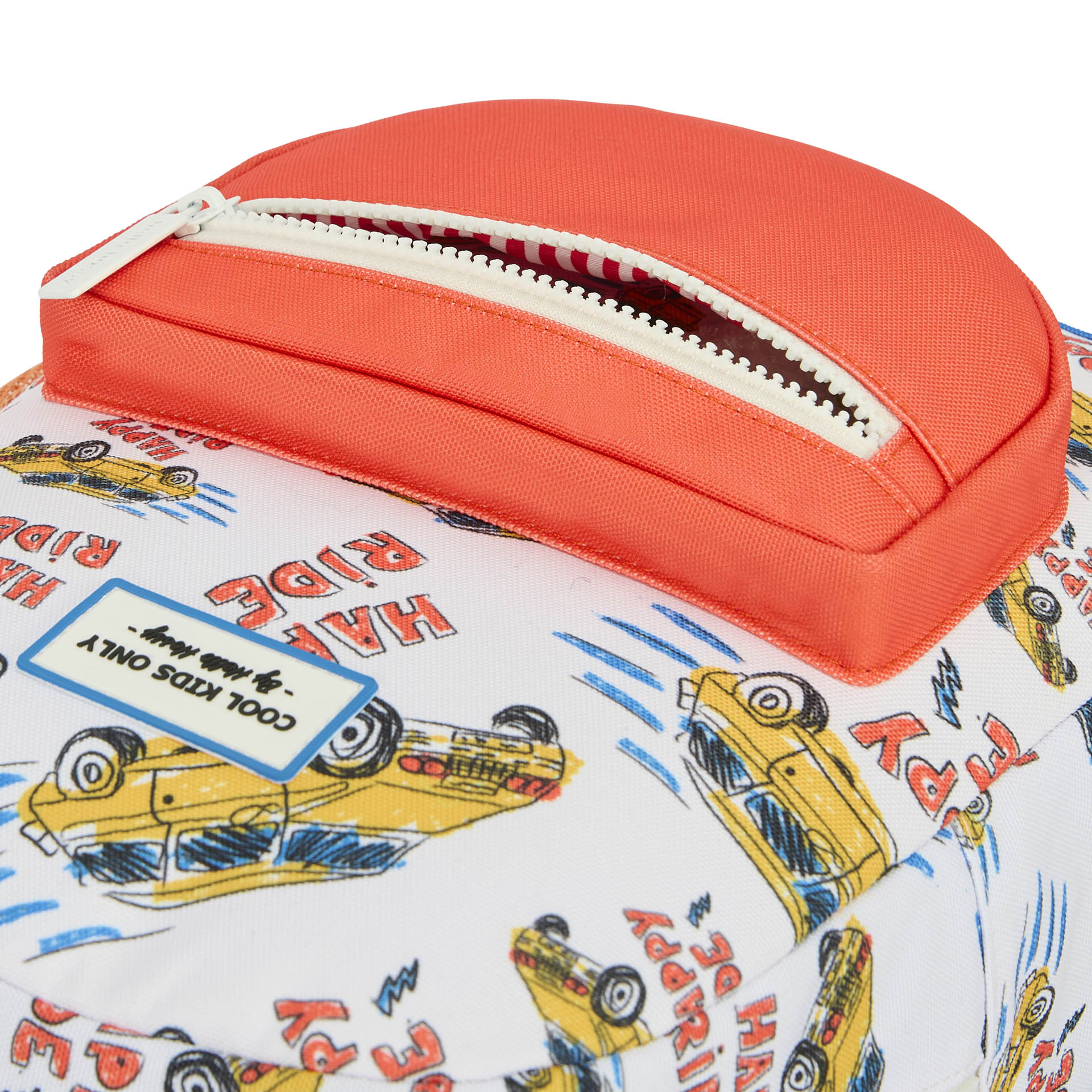 Mochila infantil branca laranja com motivo de carros Hello Hossy