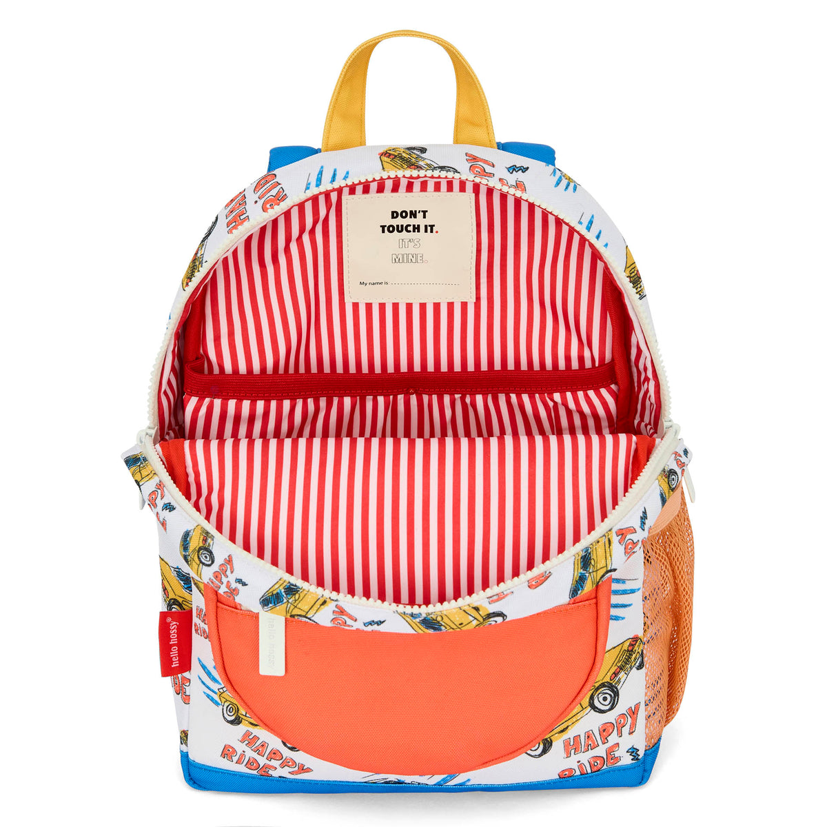 Mochila infantil branca e laranja com padrão de carros, interior às riscas Hello Hossy