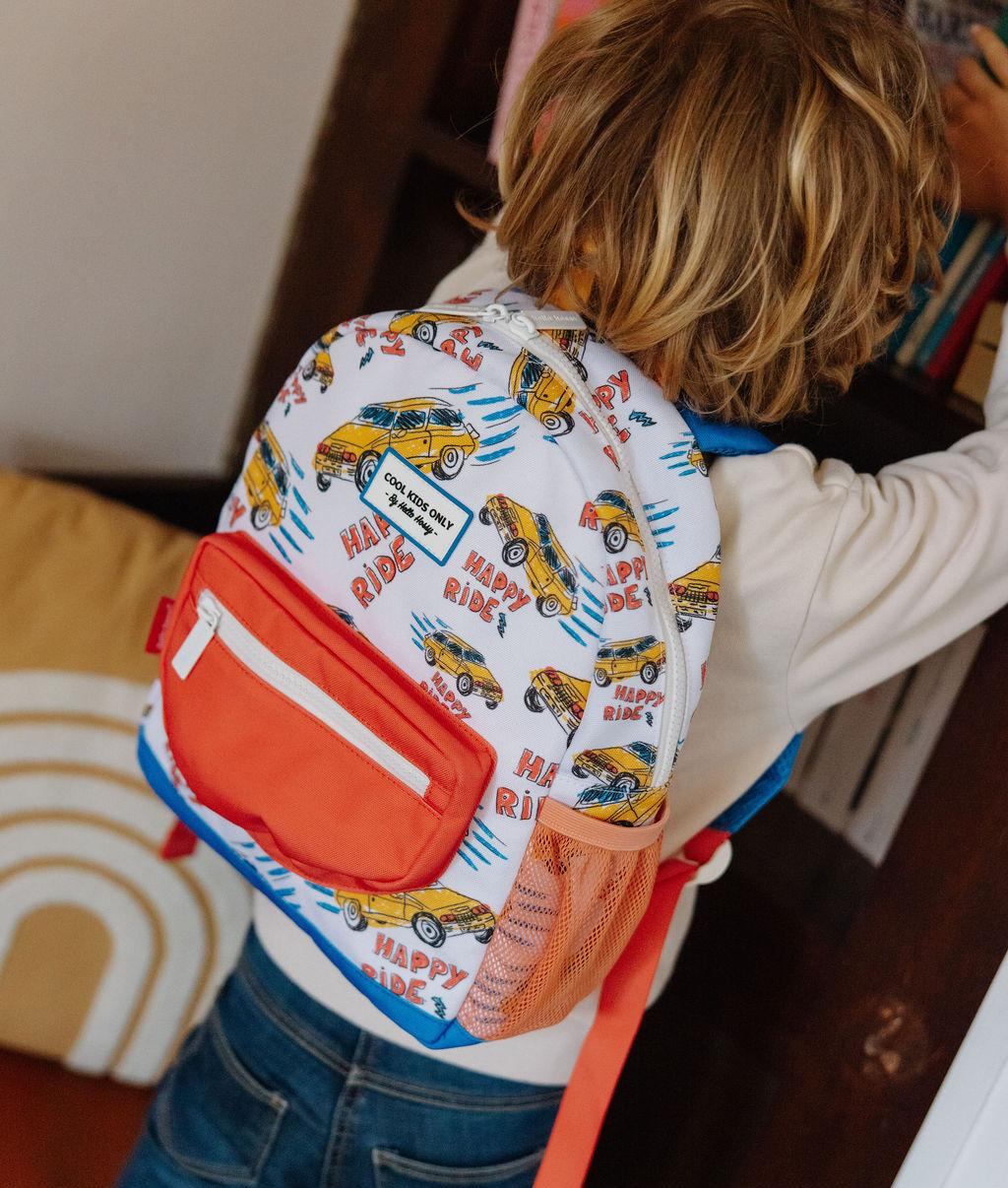 Mochila infantil branca laranja com motivo de carros Hello Hossy