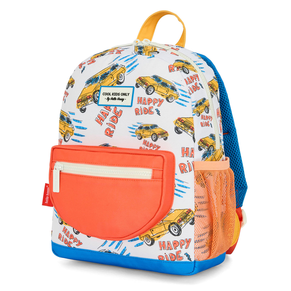 Mochila infantil branca com estampado de carros e bolso laranja Hello Hossy