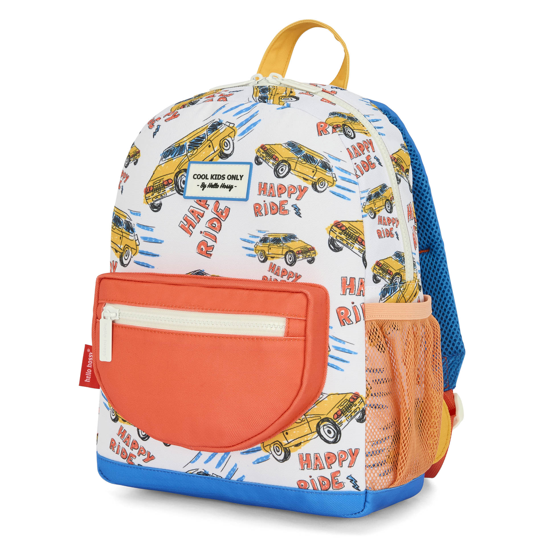 Mochila infantil branca com estampado de carros e bolso laranja Hello Hossy