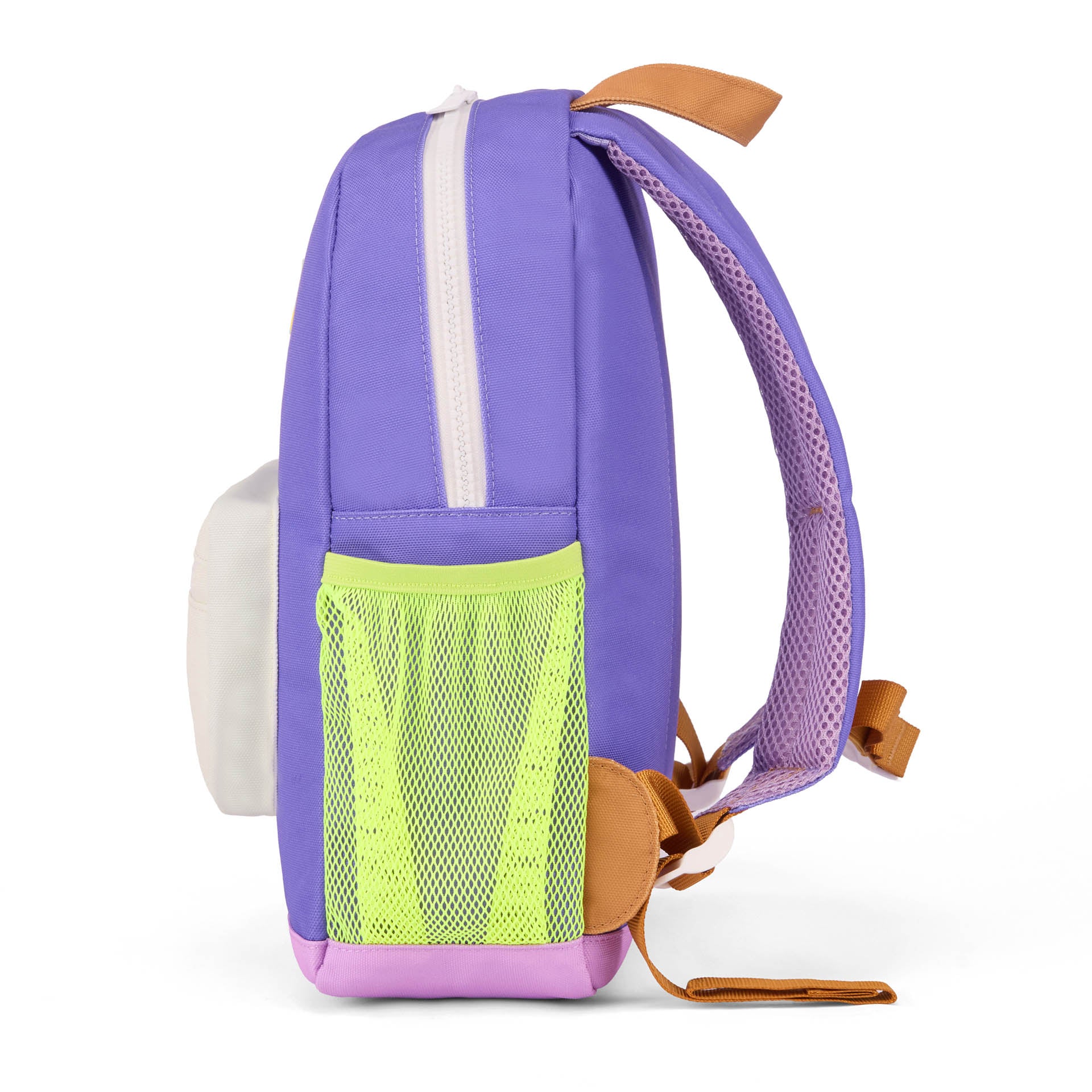 Mochila infantil violeta, bolso em rede amarelo Hello Hossy