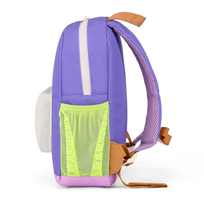 Mochila infantil violeta, bolso em rede amarelo Hello Hossy