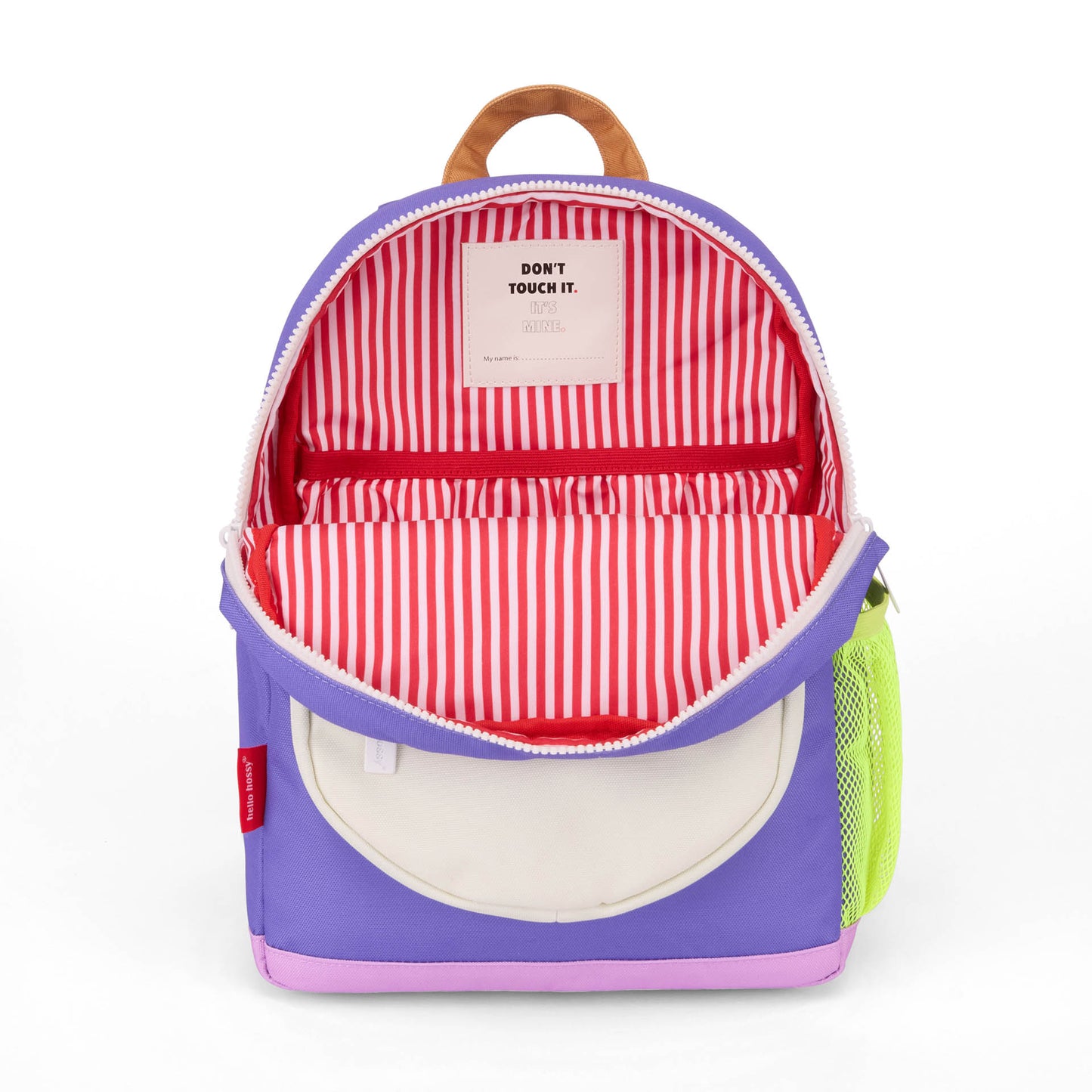 Mochila infantil violeta com interior às riscas vermelho e branco Hello Hossy