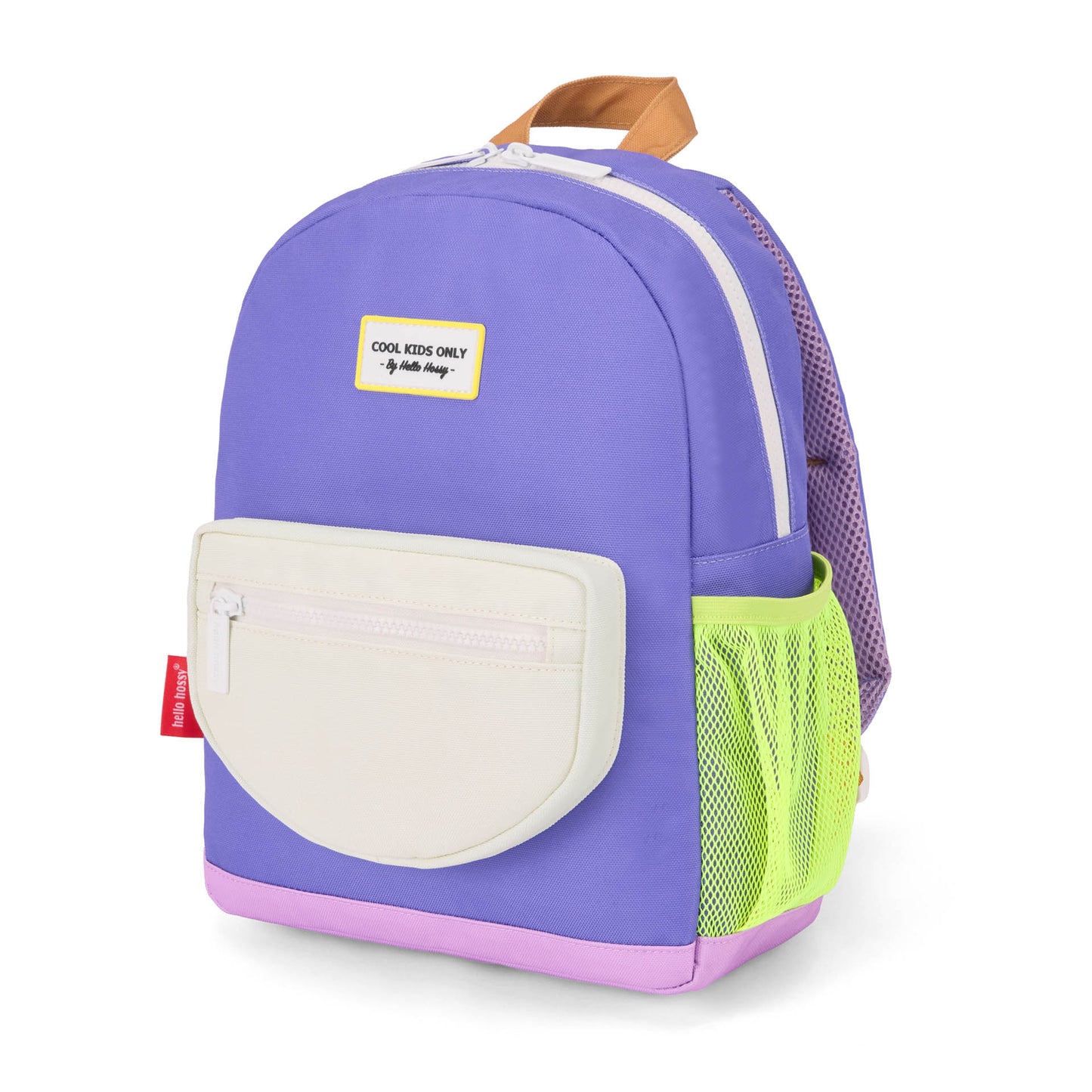Mochila infantil violeta, bolso creme, detalhe verde Hello Hossy