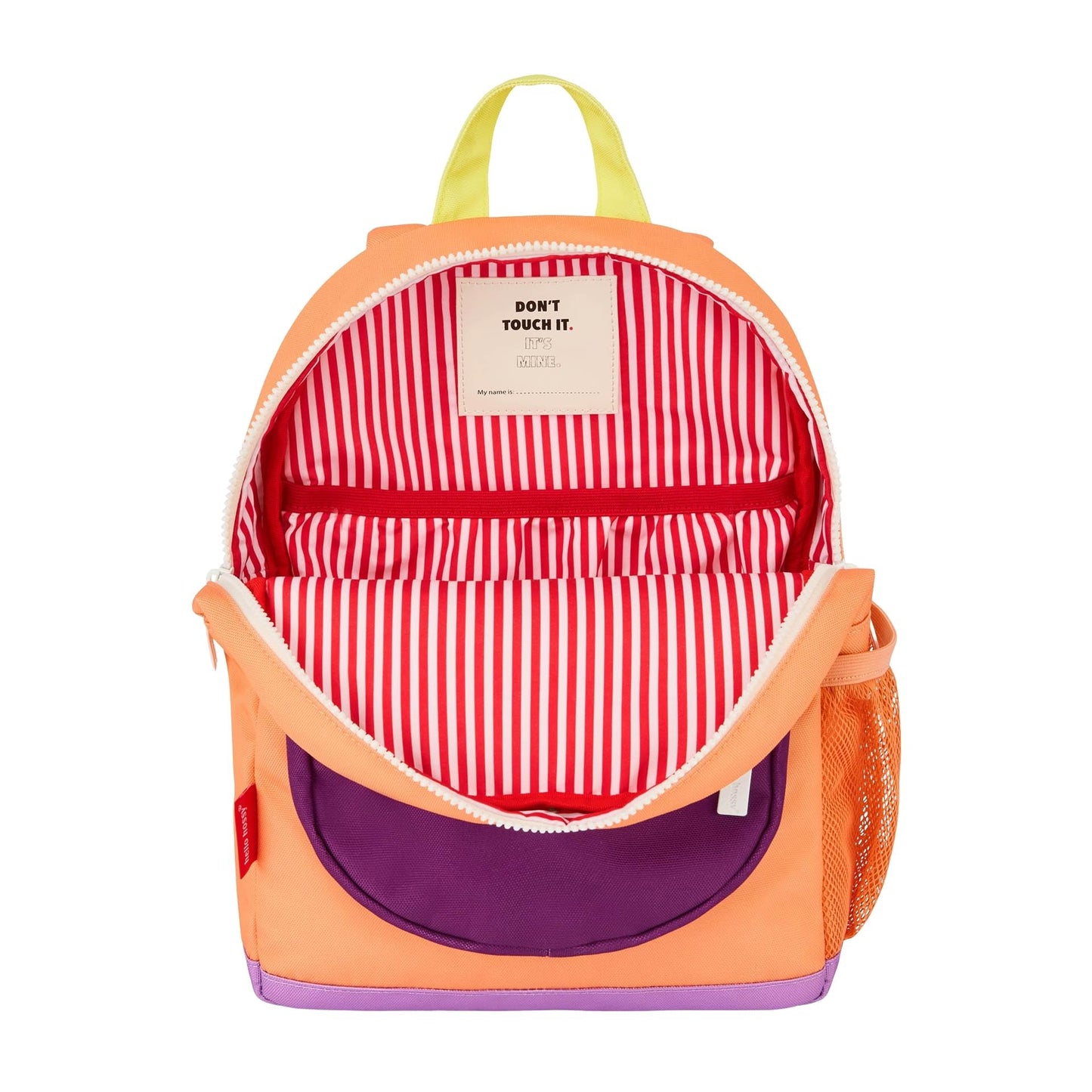 Mochila para criança laranja com interior às riscas branco e vermelho Hello Hossy