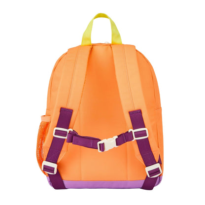 Mochila infantil laranja com pegas amarelas e alças violetas Hello Hossy