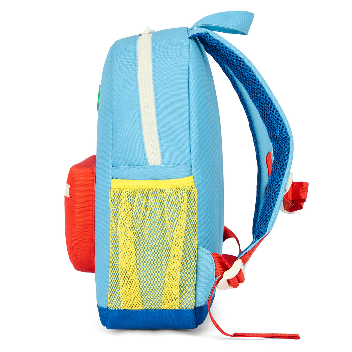 Mochila para criança azul com bolso em rede amarelo e detalhe vermelho Hello Hossy
