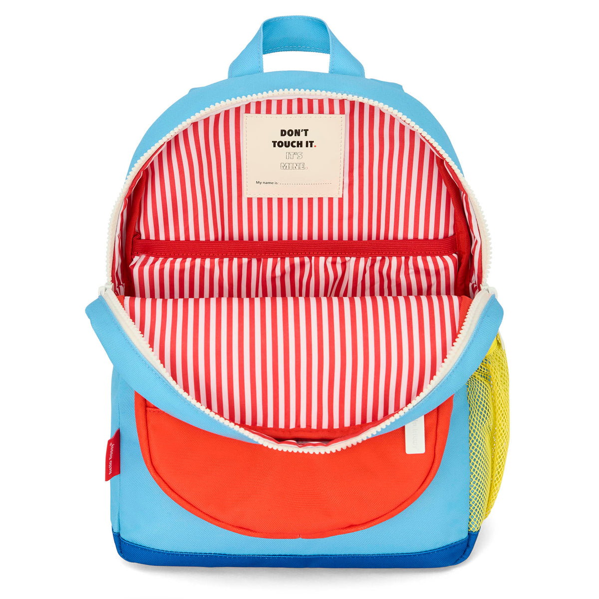 Mochila infantil azul com bolso laranja e interior às riscas vermelhas Hello Hossy