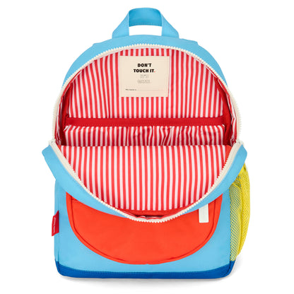 Mochila infantil azul com bolso laranja e interior às riscas vermelhas Hello Hossy