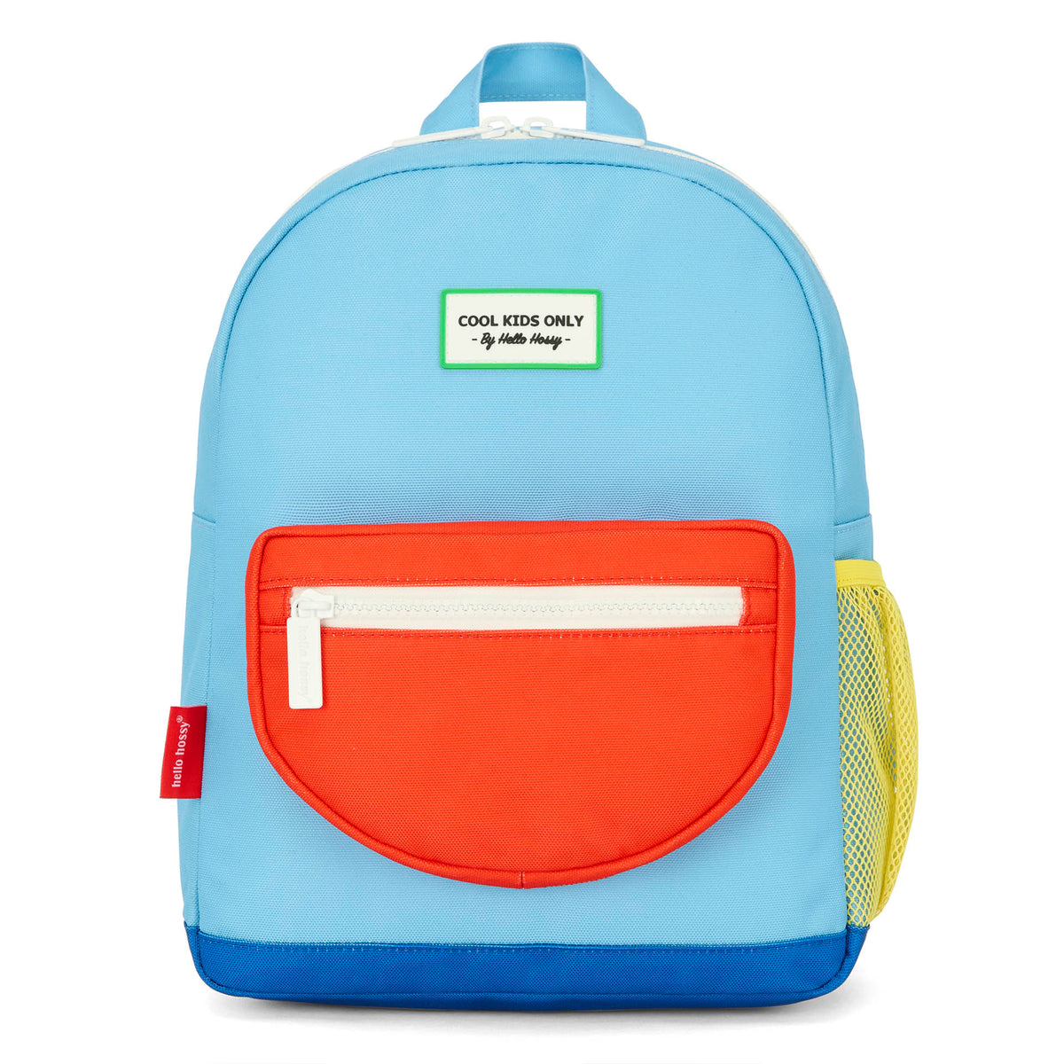 Mochila infantil azul com bolso laranja e rede amarela Hello Hossy