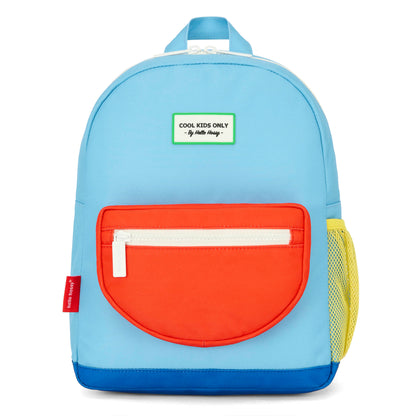 Mochila infantil azul com bolso laranja e rede amarela Hello Hossy
