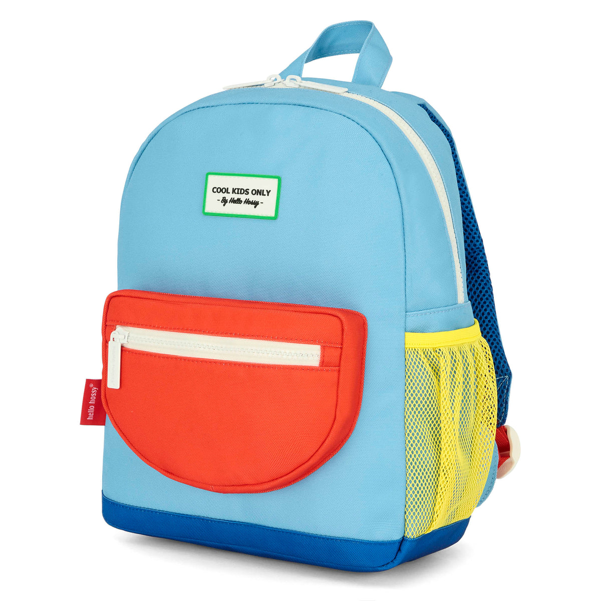 Mochila infantil azul, bolso vermelho, rede amarela Hello Hossy