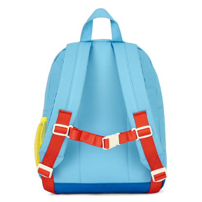 Mochila infantil azul com alças vermelhas, bolso em rede amarelo Hello Hossy