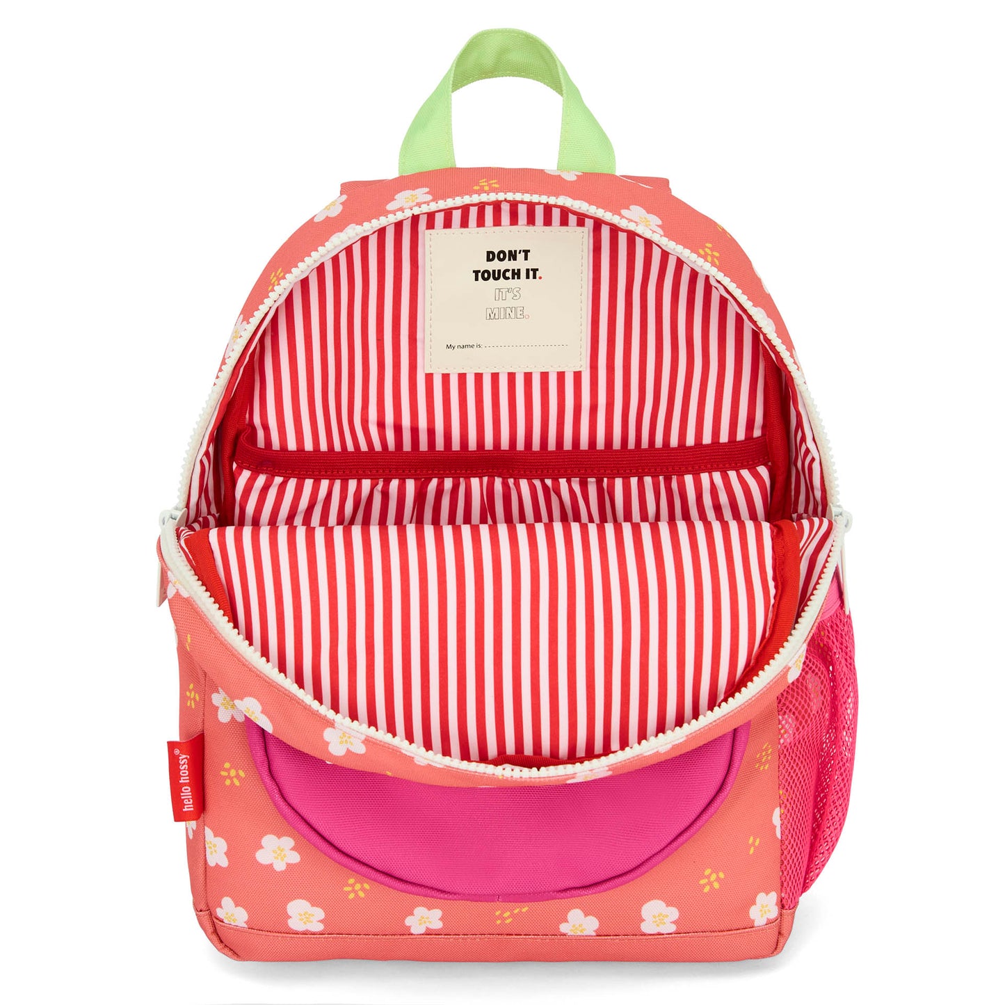 Mochila infantil coral com padrão de flores e interior às riscas Hello Hossy
