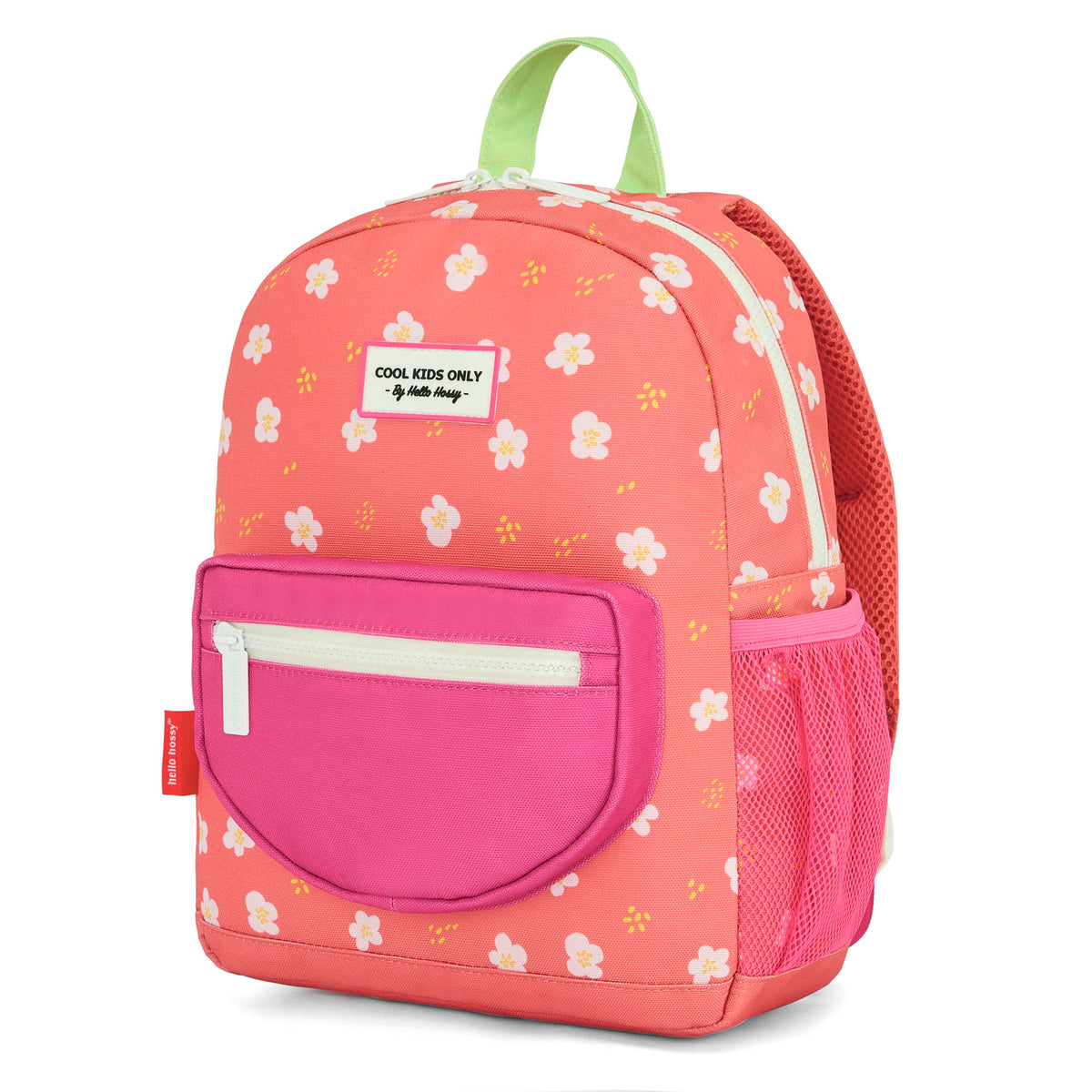 Mochila infantil coral com estampado de flores e bolso rosa Hello Hossy