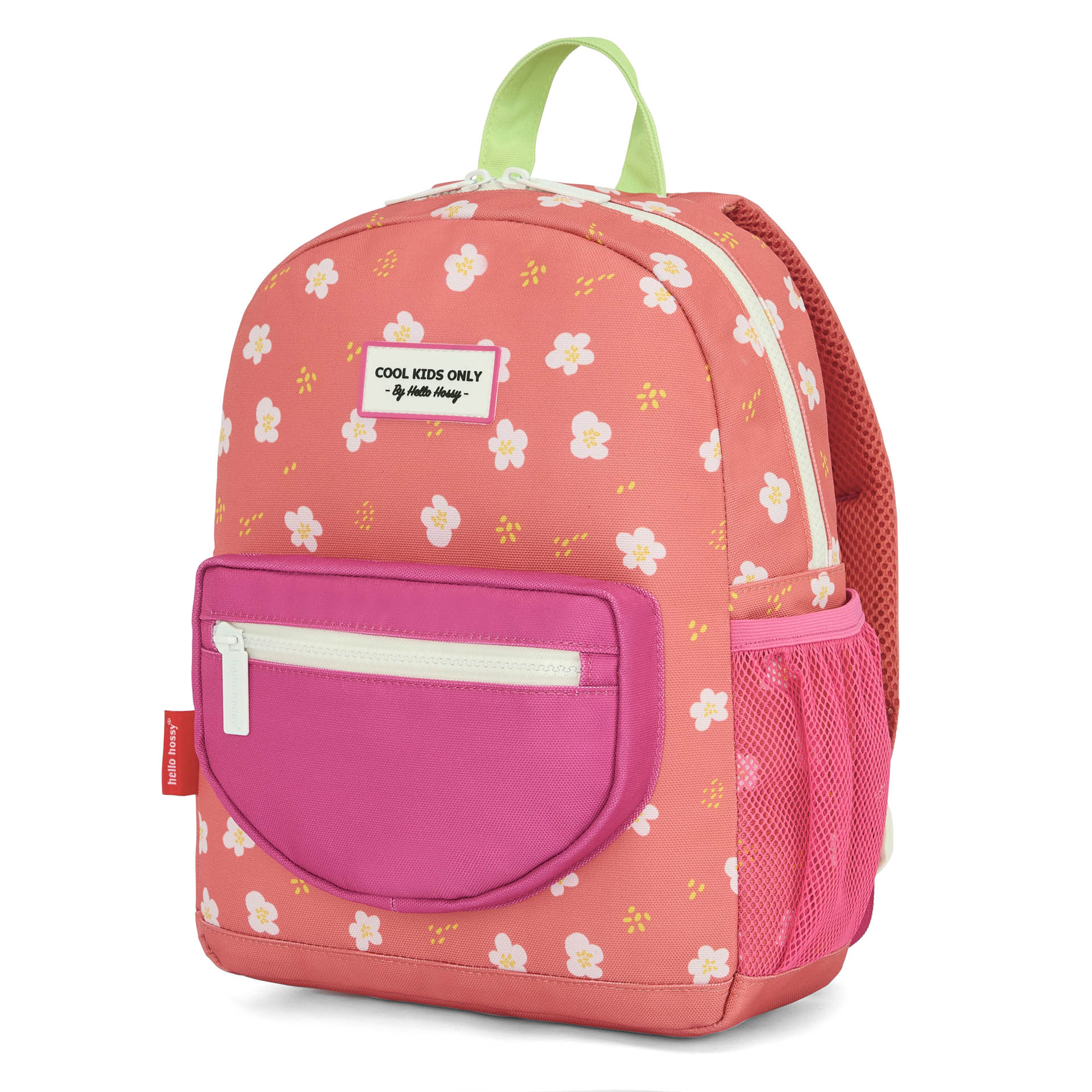 Mochila infantil coral com estampado de flores e bolso rosa Hello Hossy