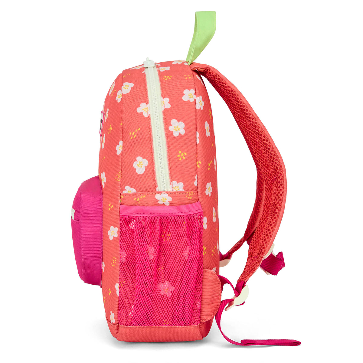 Mochila infantil coral com estampado de flores e bolso em rede Hello Hossy