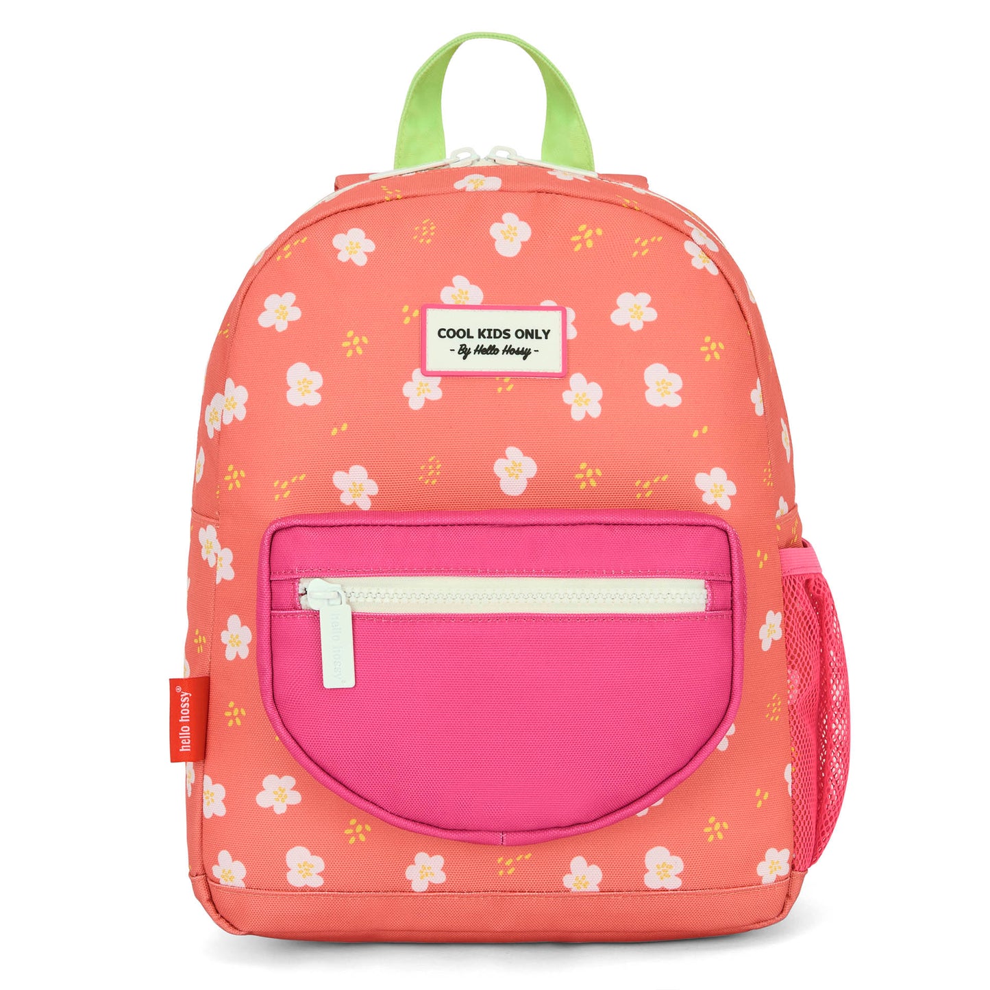 Mochila infantil coral com estampado de flores e bolso rosa Hello Hossy