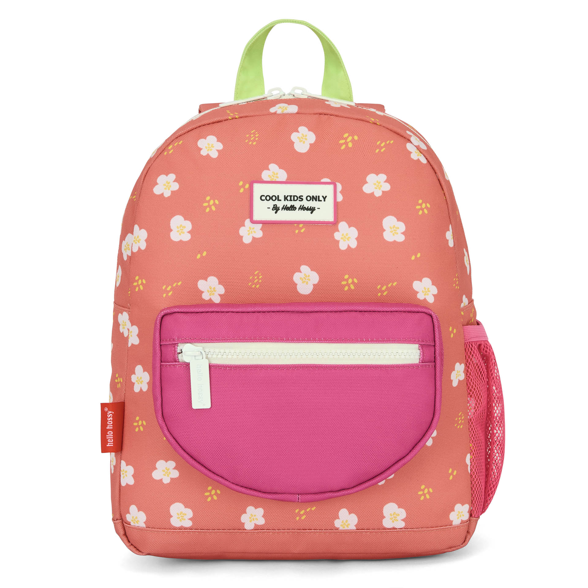 Mochila infantil coral com estampado de flores e bolso rosa Hello Hossy