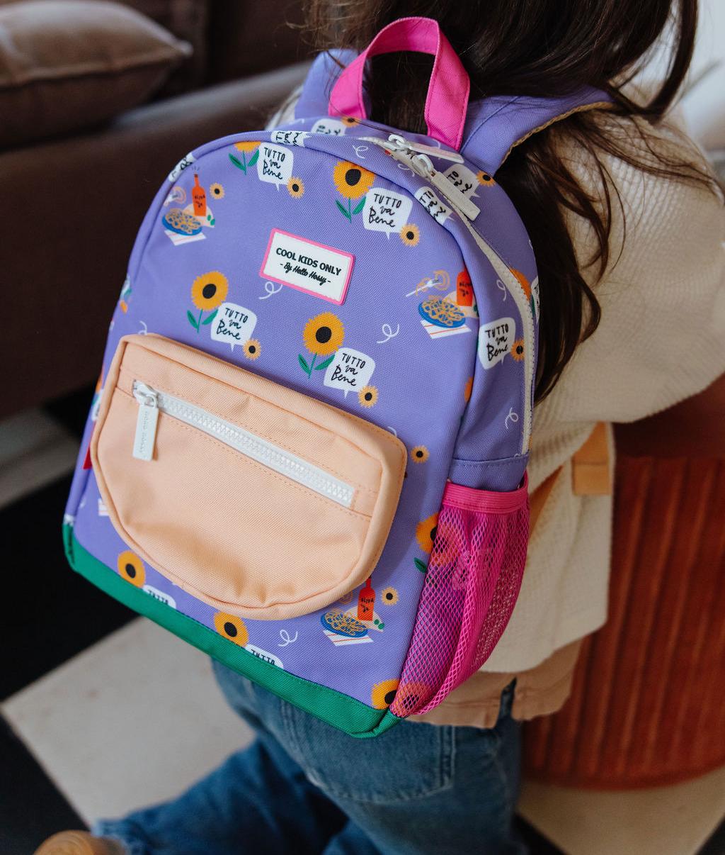 Mochila infantil violeta com estampado de flores, bolso pêssego Hello Hossy