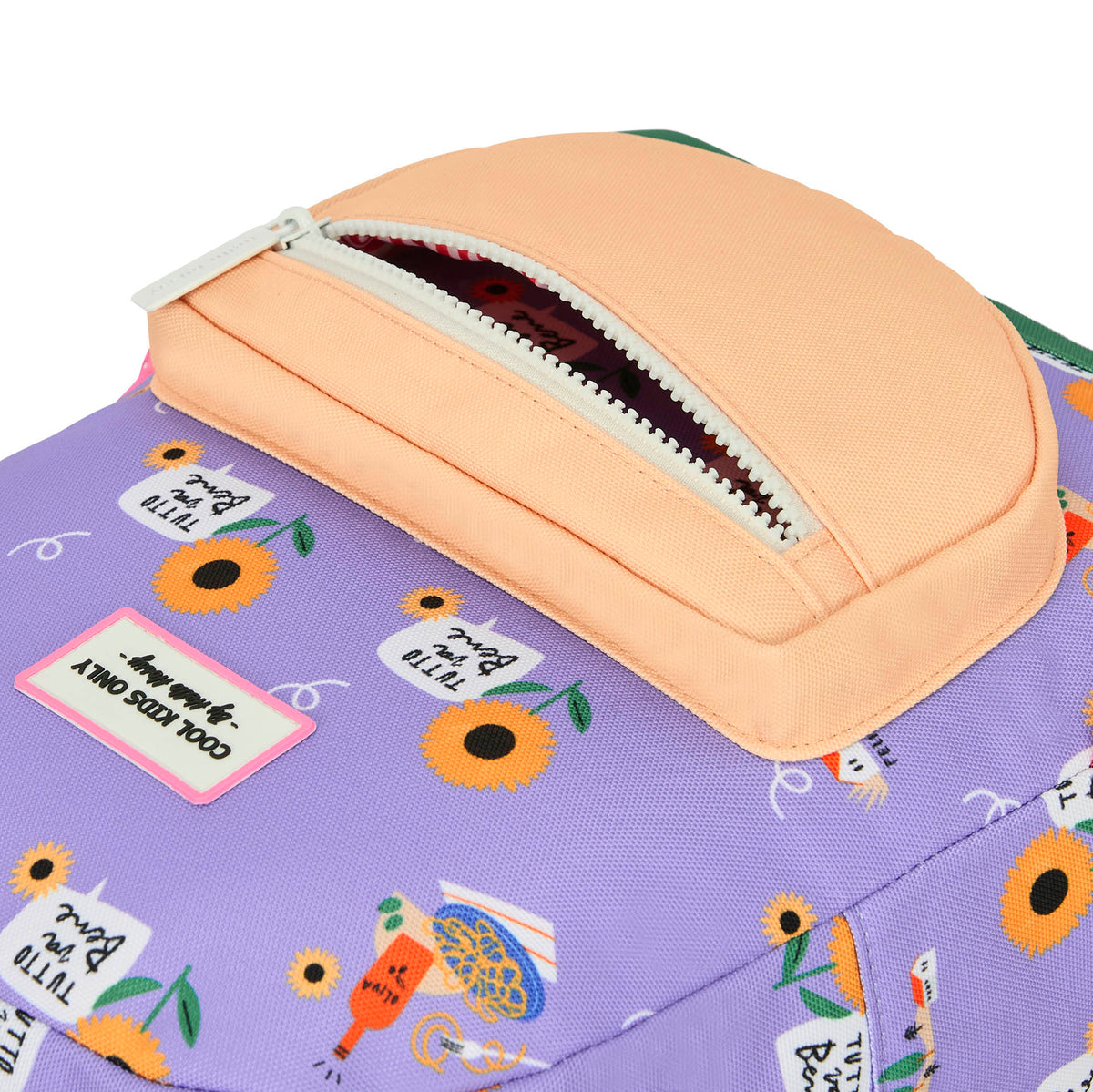 Mochila para criança violeta com estampado de flores e girassóis Hello Hossy