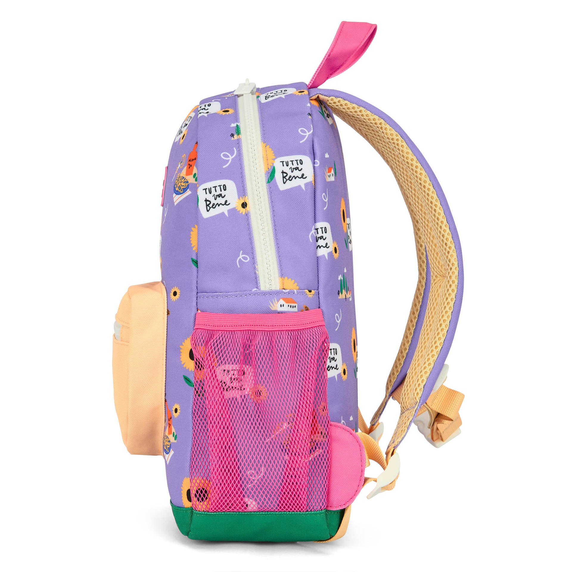 Mochila infantil violeta, estampado de flores violeta, detalhe rosa Hello Hossy