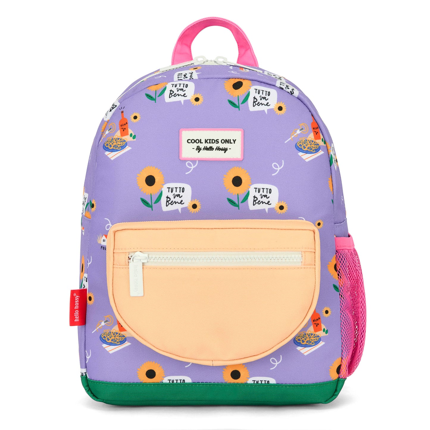 Mochila infantil violeta com estampado de flores amarelas e bolso bege Hello Hossy