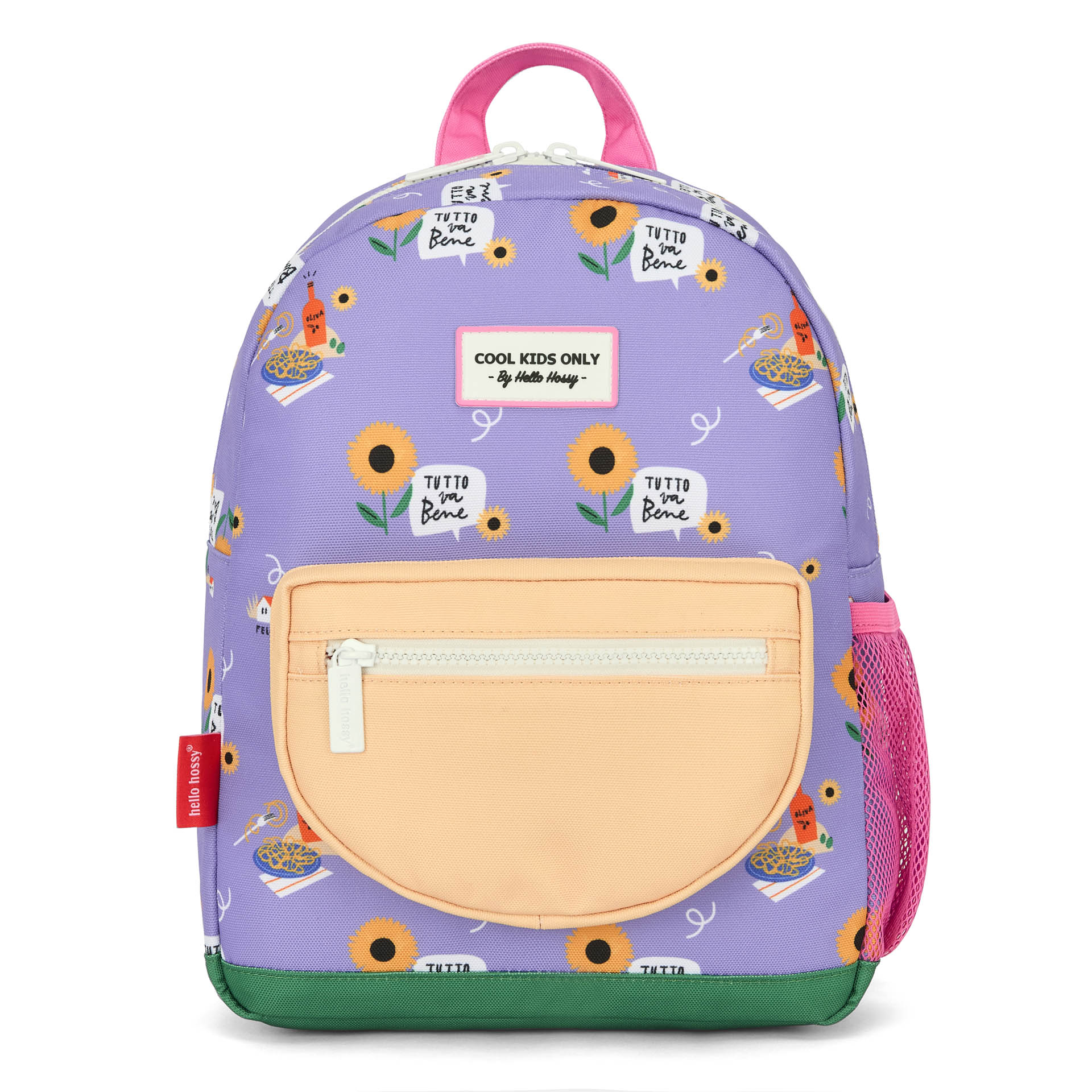 Mochila infantil violeta com estampado de flores amarelas e bolso bege Hello Hossy