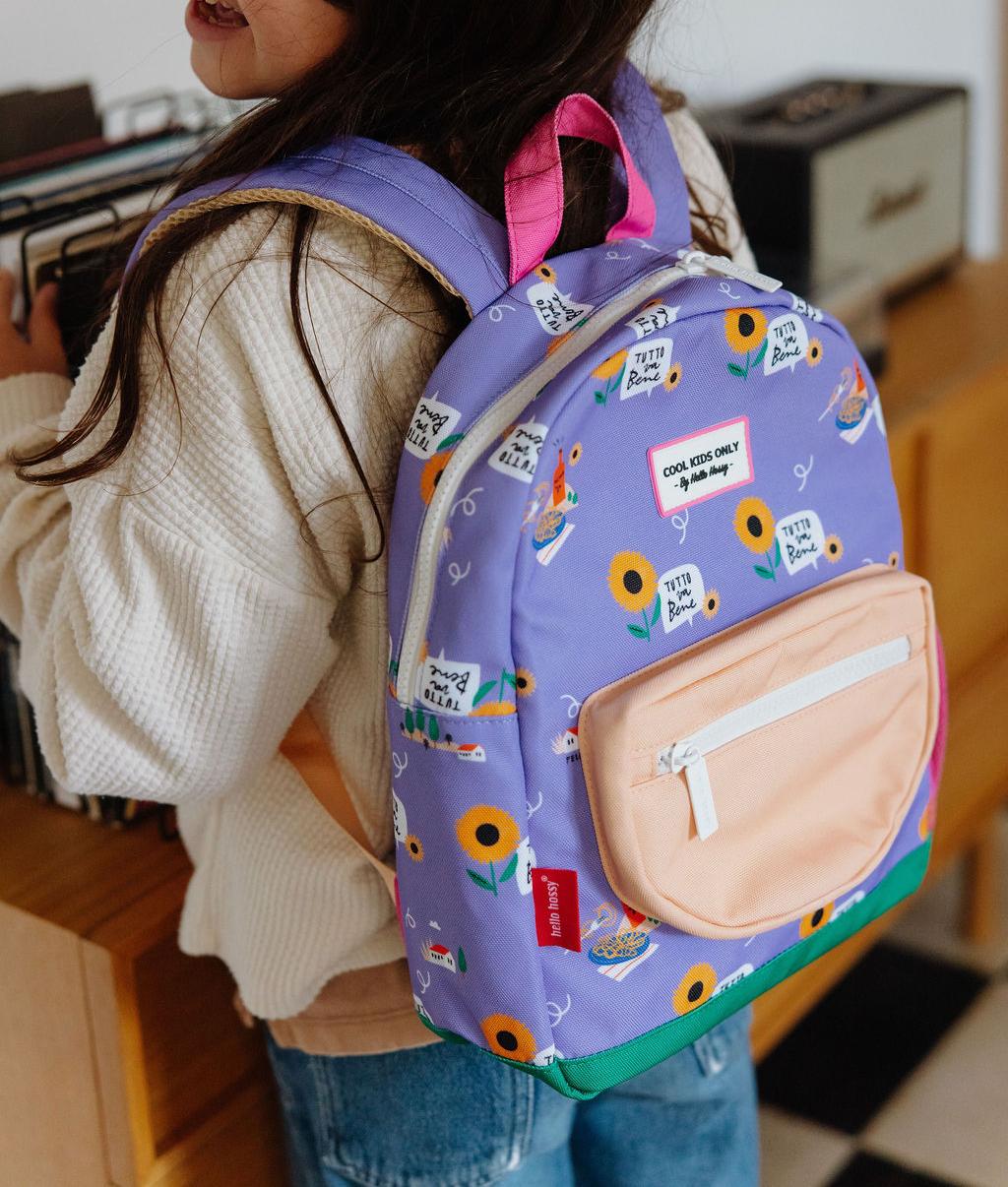 Mochila infantil violeta com padrão de flores, bolso bege, Hello Hossy