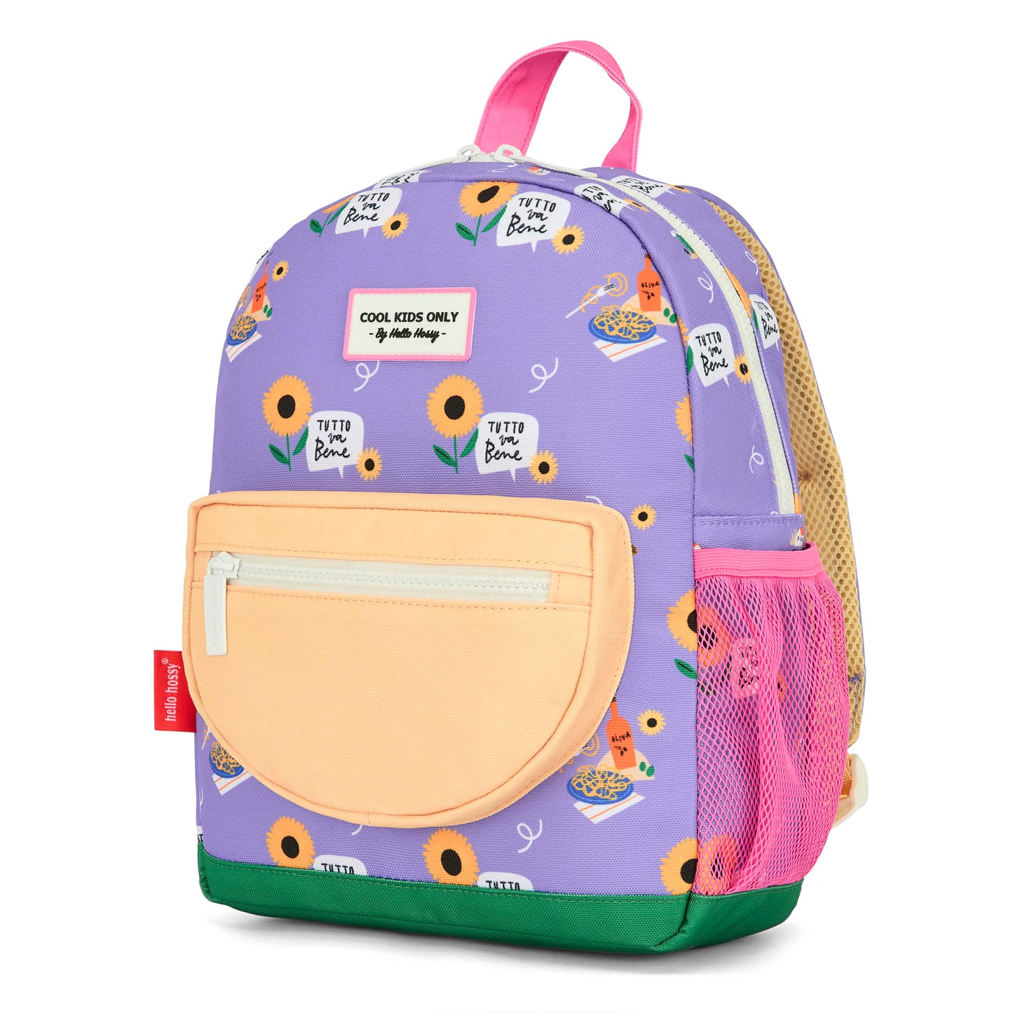 Mochila infantil violeta com estampado de flores e bolso bege Hello Hossy