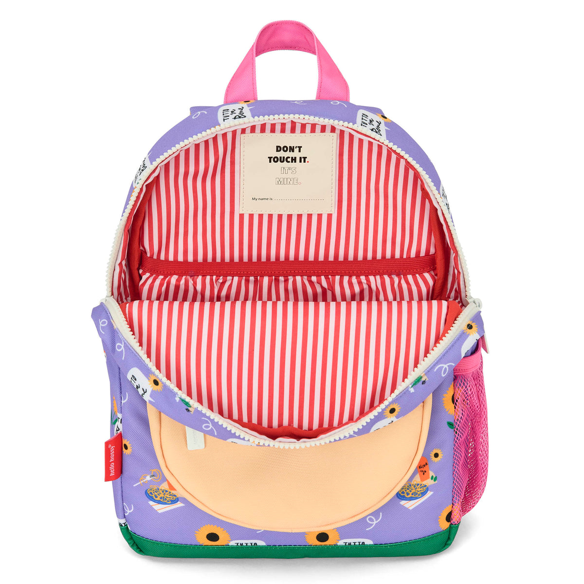 Mochila infantil violeta com estampado de flores e interior às riscas, Hello Hossy