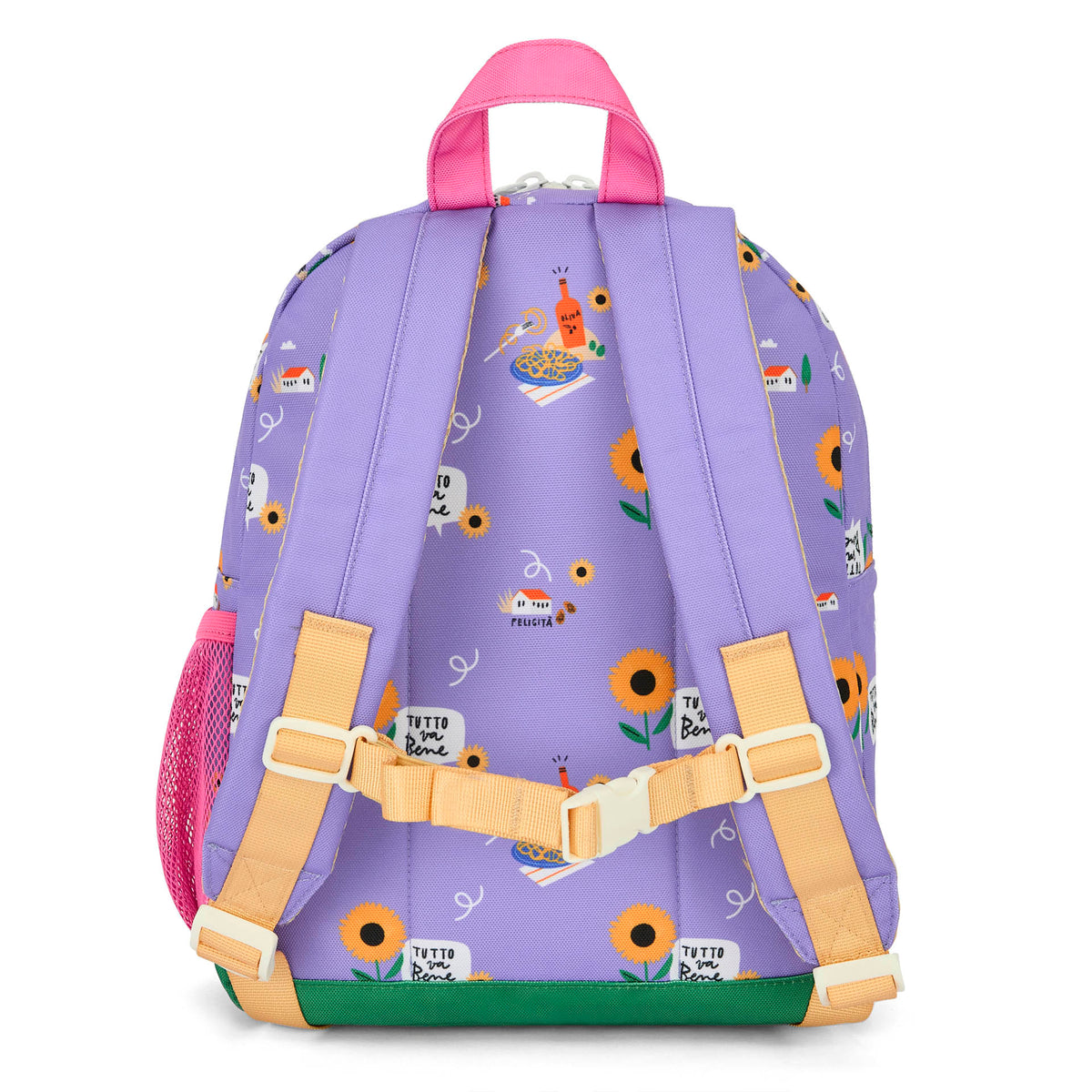 Mochila infantil violeta com estampado de flores e alças acolchoadas Hello Hossy