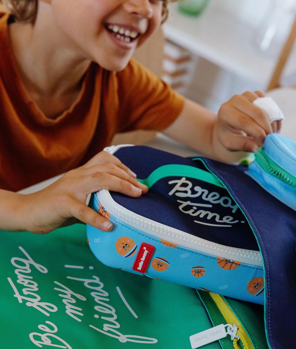 Saco de lanche infantil azul e laranja com padrão de balões Hello Hossy
