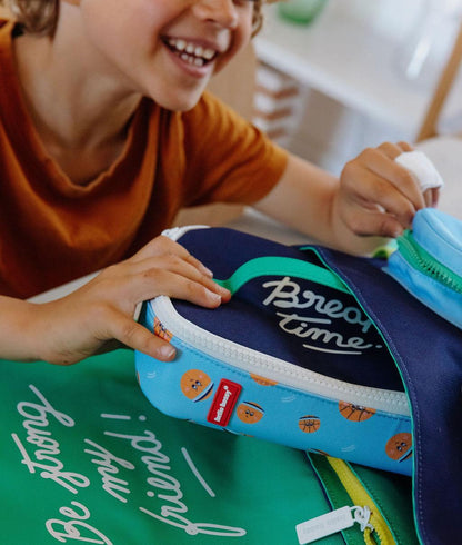 Saco de lanche infantil azul e laranja com padrão de balões Hello Hossy