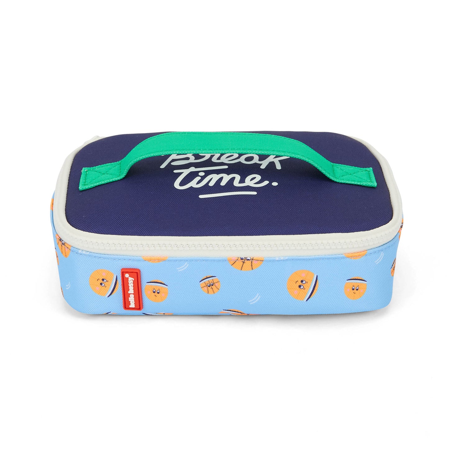 Saco de lanche infantil azul-claro com padrão de basquetebol e pega verde Hello Hossy
