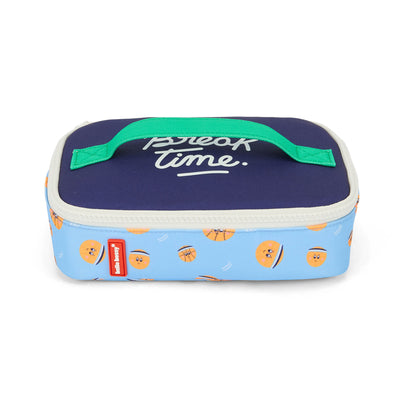 Saco de lanche infantil azul-claro com padrão de basquetebol e pega verde Hello Hossy